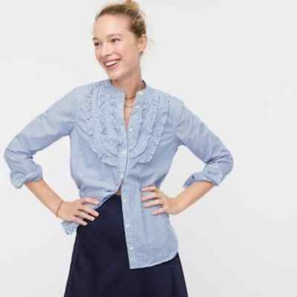 J. Crew Blue & White Stripped Band-Collar Ruffle-Front Button Down Shirt